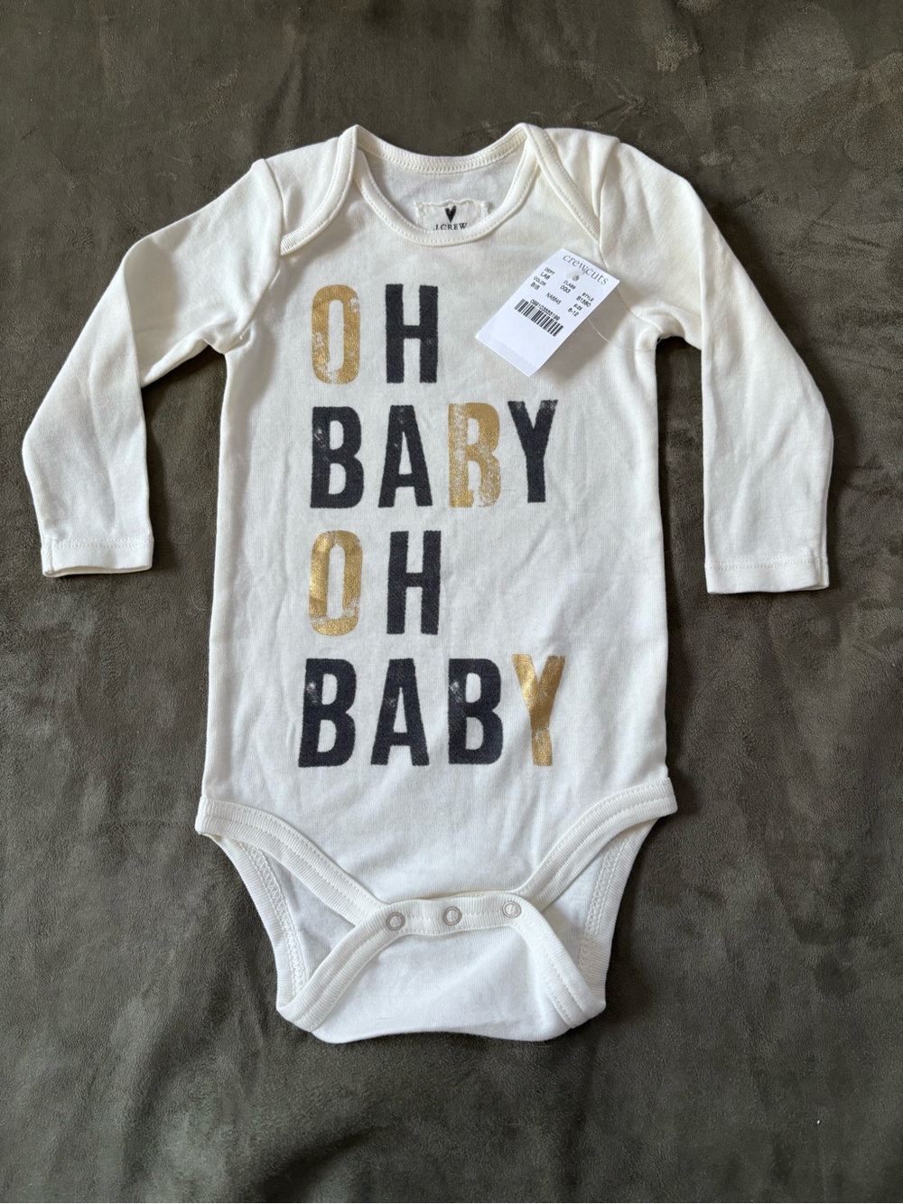 NWT J. CREW BABY “OH BABY” 6-12 Mo. LongSleeve Bodysuit Cream w/Metallic Letters
